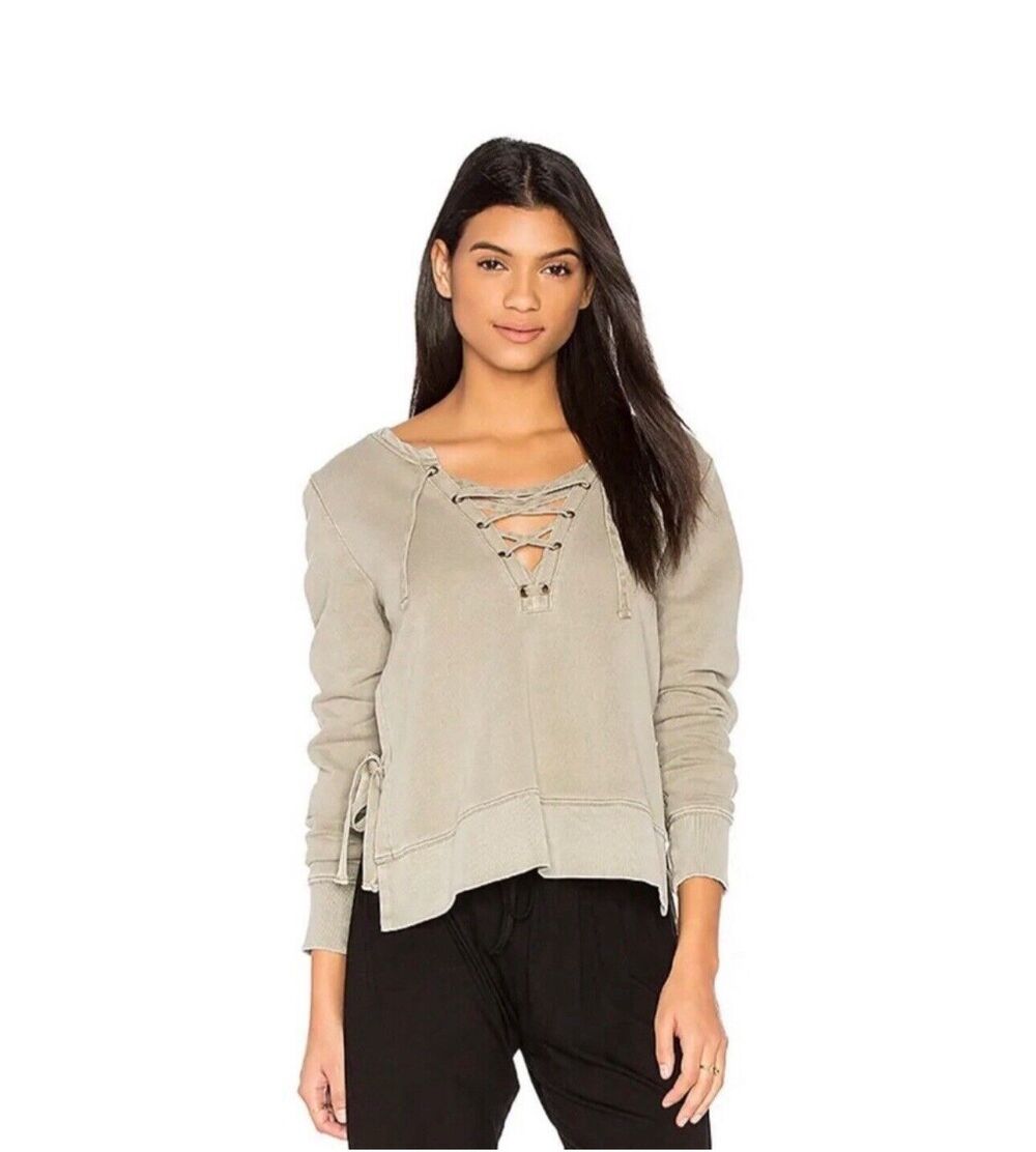 PAM & GELA Sz PS Side Slit Lace Up Sweatshirt Sweater Revolve Distressed Green